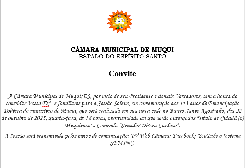 CONVITE! SESSÃO SOLENE EM COMEMORAÇÃO AOS 113 ANOS DE EMANCIPAÇÃO POLÍTICA;